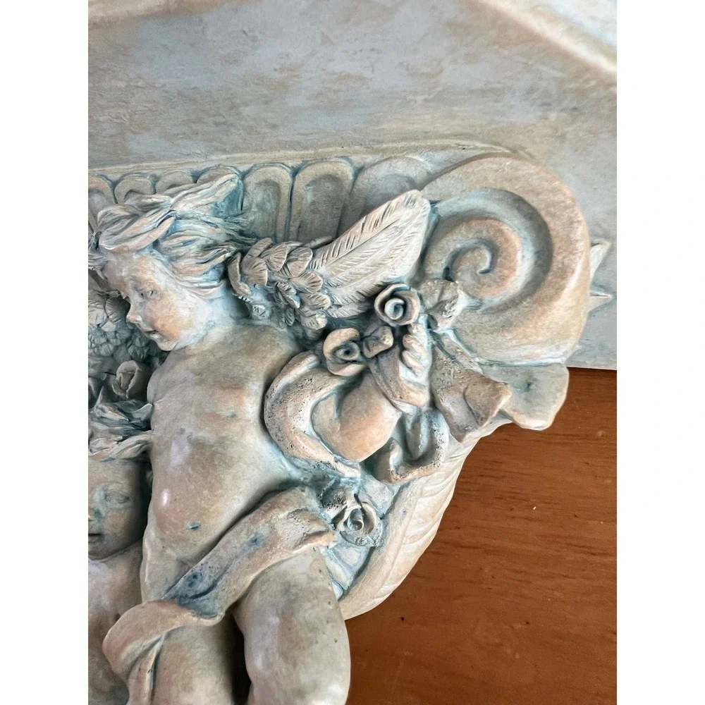 Vintage Cherub Floating Wall Corbel Shelf Heavy Resin Verdigris Angel Putti